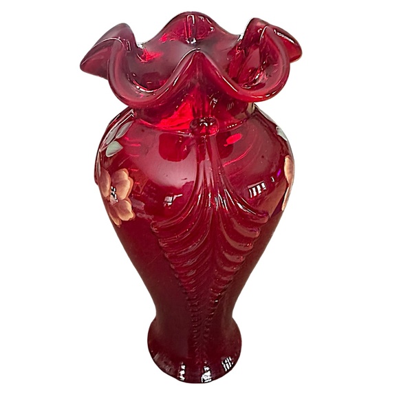 FENTON Vintage Cranberry Feather Vase 11” Hand Painted Signed Floral Design - Picture 3 of 8